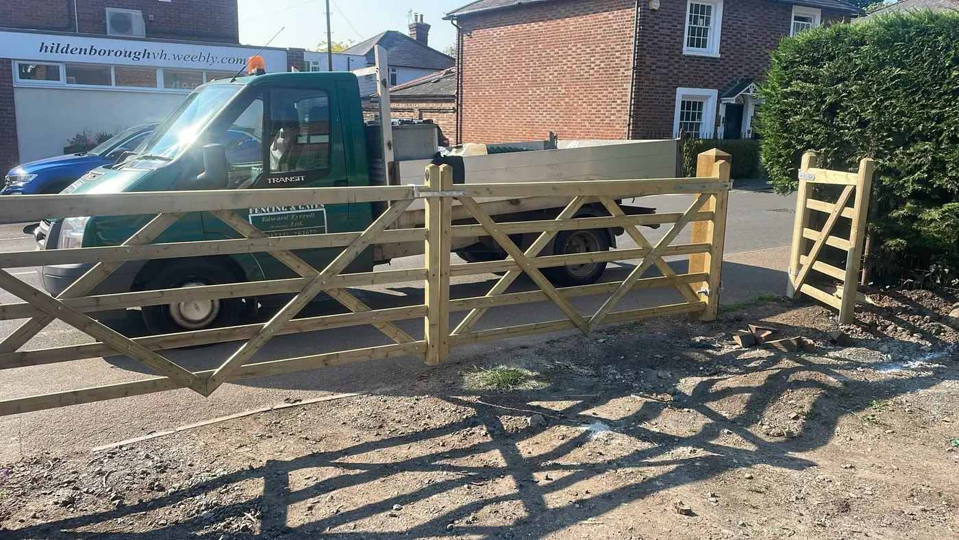 Timber five bar gates and pedestrian gate at Hildenborough village hall, fitted by Tyrrells