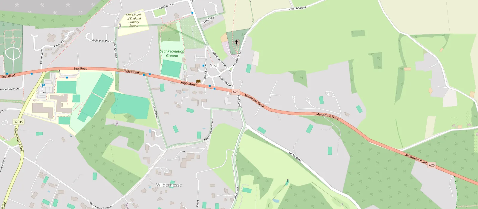 Map of Seal near Sevenoaks showing the Tyrrells yard on Park Lane, just south of the A25